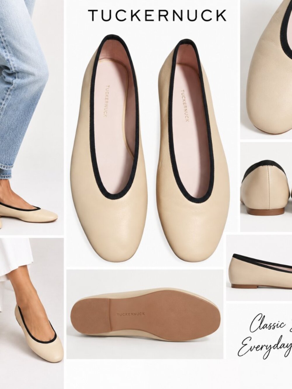 Tuckernuck Beige Black Trim Leather Ballet Flats Classic Minimalist Sz 8